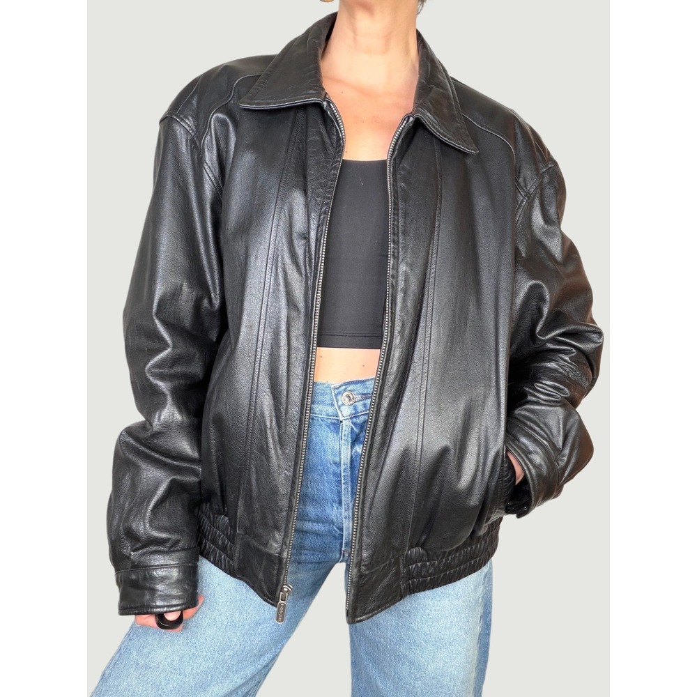 London Fog Towne Leather Bomber Jacket Vintage 90s Y2K Black Collection Large